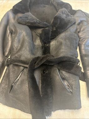 Women's Black Shearling Belted Leather Jacket